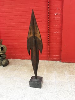 Oak Sculpture on Marble Base circa 1970, Unsigned