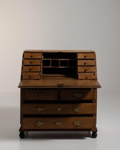 Oak Secretary Desk in Original Patina with Brass Accents, France, 19th Century