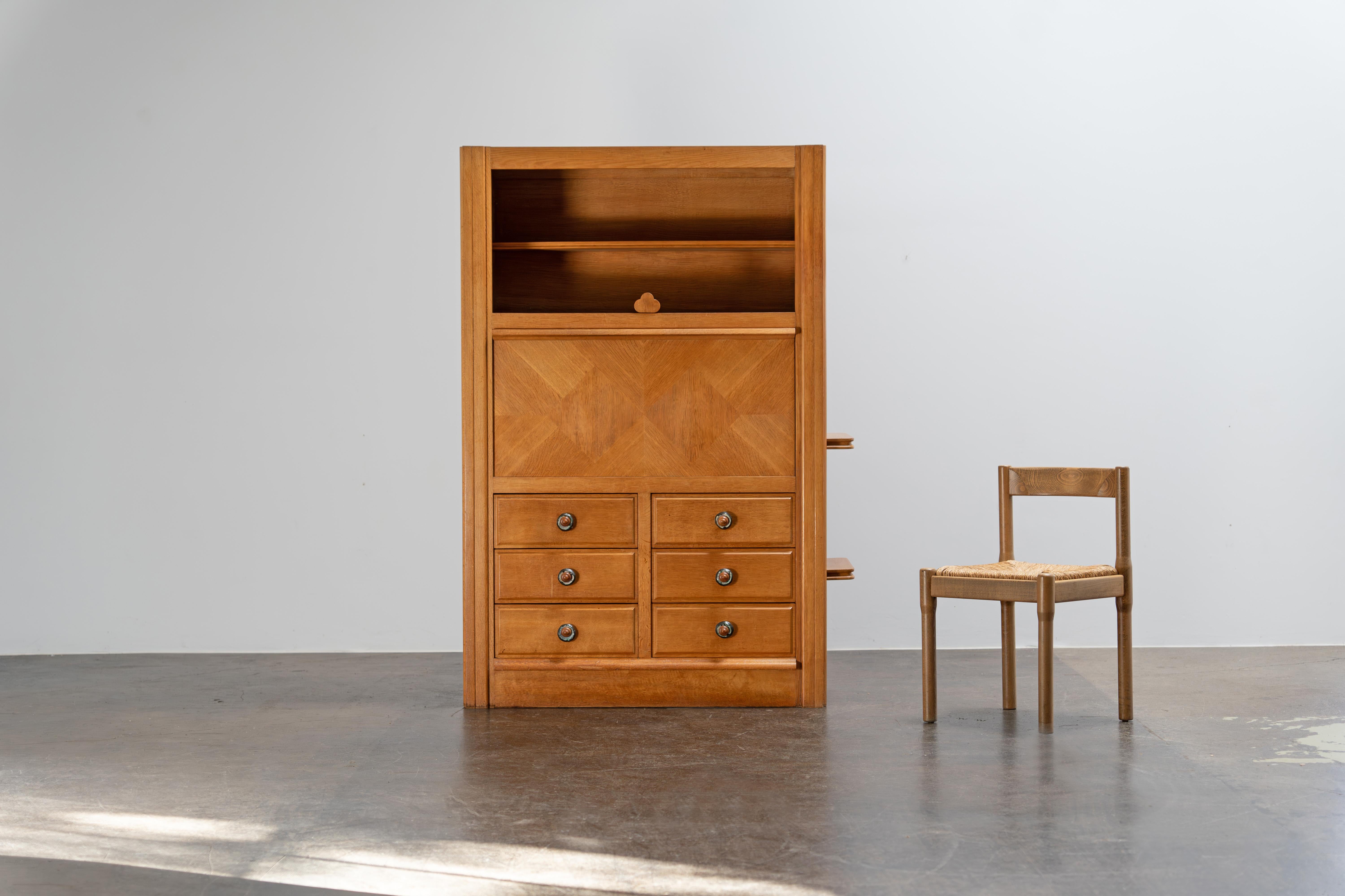 Oak Bureau with Ceramic Handles by Guillerme & Chambron, France, 1960s For Sale 4