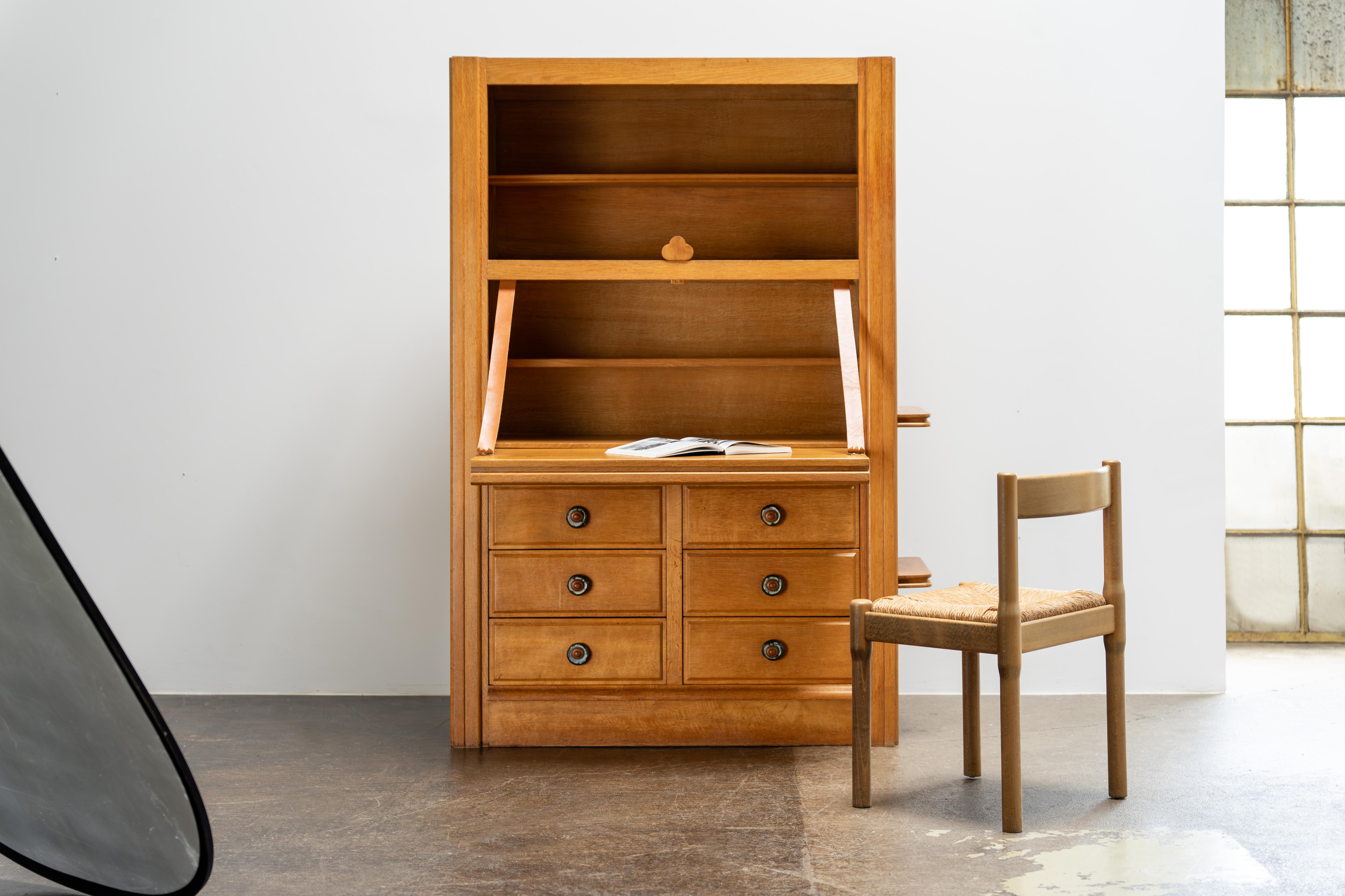 French Oak Bureau with Ceramic Handles by Guillerme & Chambron, France, 1960s For Sale