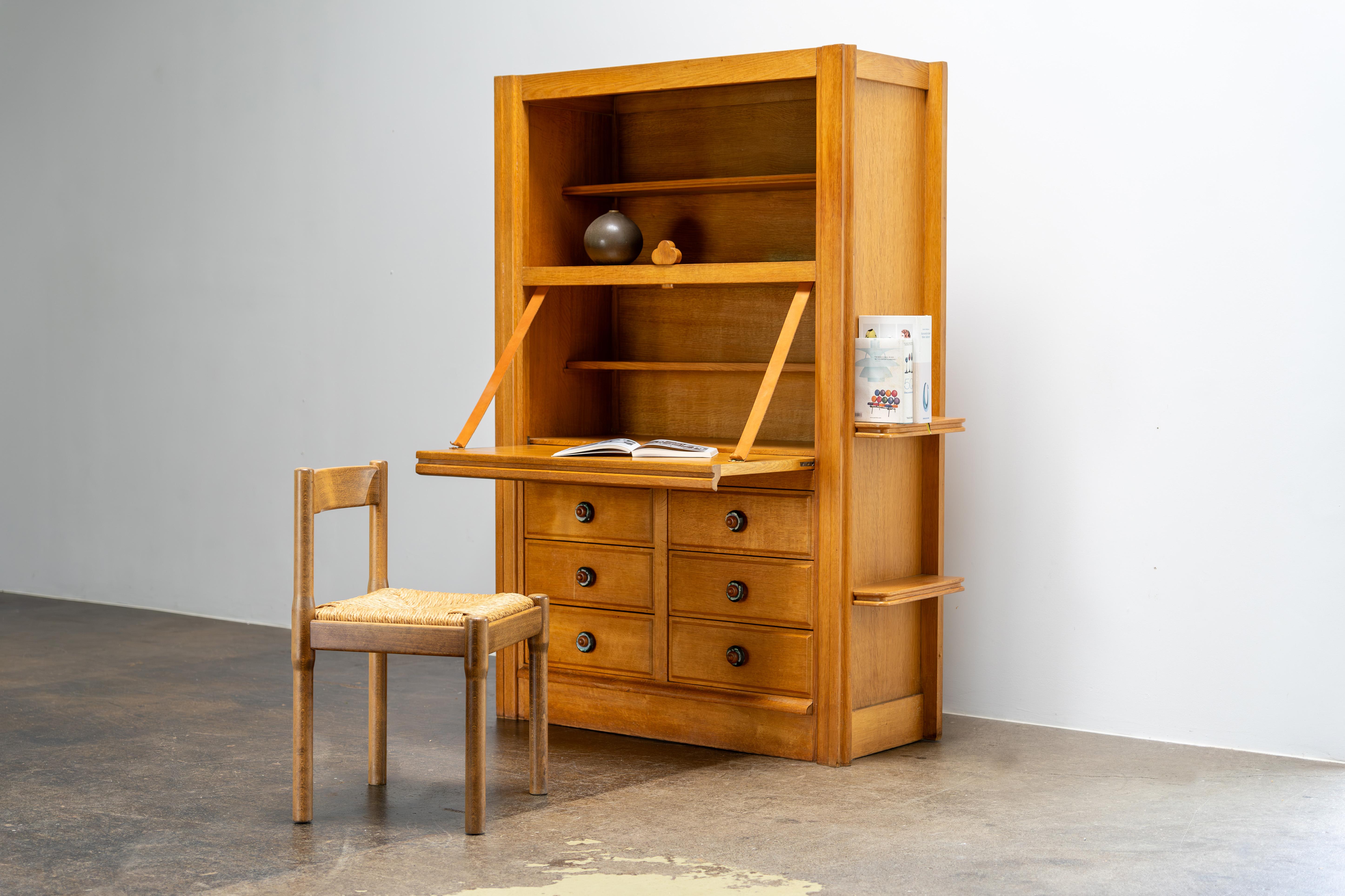 Oak Bureau with Ceramic Handles by Guillerme & Chambron, France, 1960s In Good Condition For Sale In Rosendahl, DE