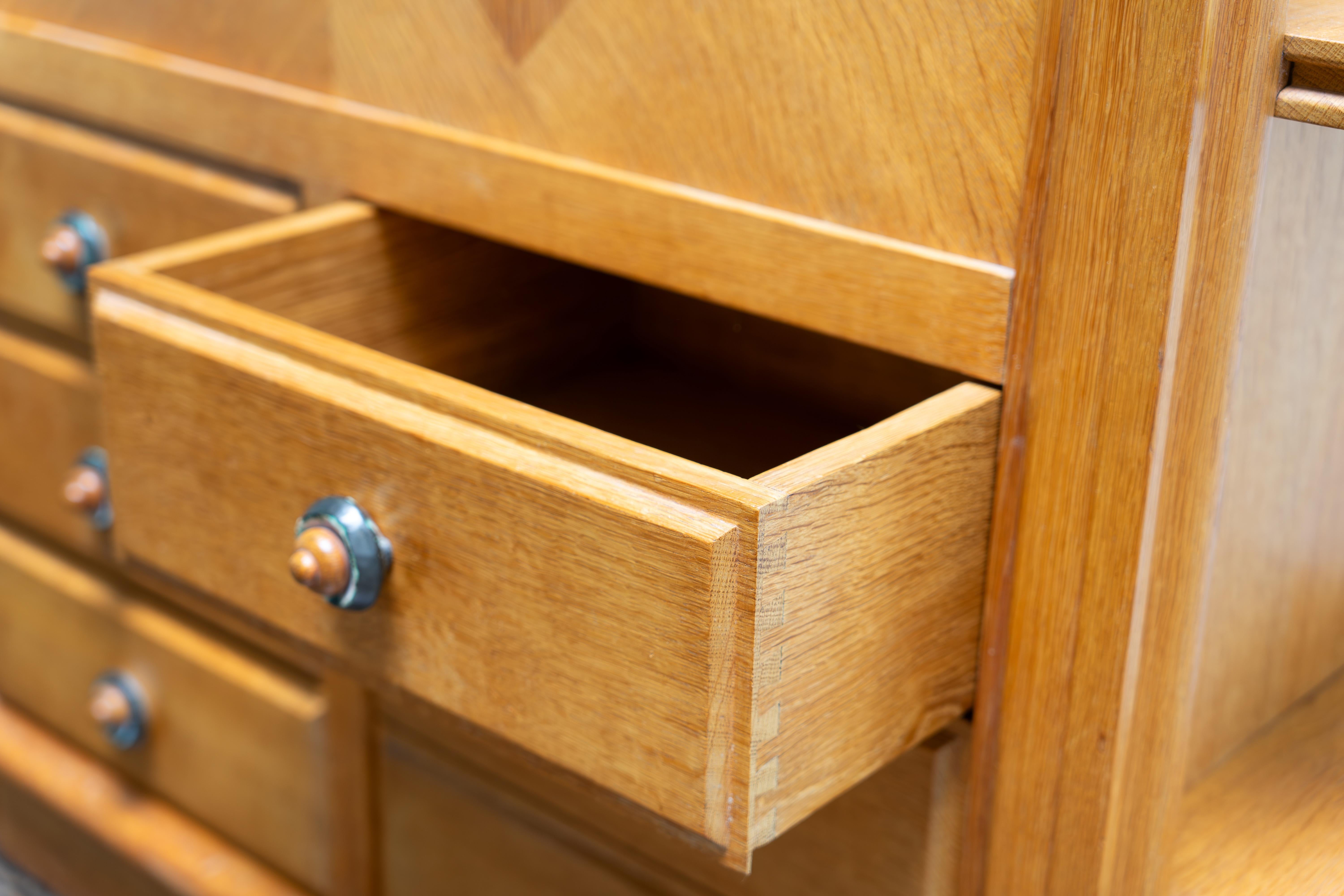 Oak Bureau with Ceramic Handles by Guillerme & Chambron, France, 1960s For Sale 3