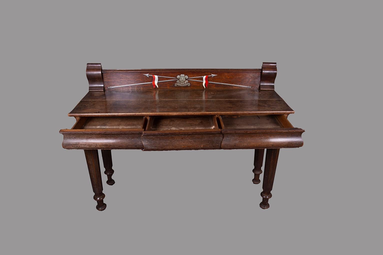 Oak serving table with 3 drawers, circa 1850, 12th Royal Lancers on the back board.