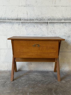 Oak Sewing Table with X-Frame Legs and Built-In Storage Vintage 1960s