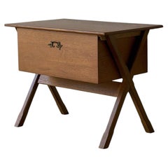Oak Sewing Table with X-Frame Legs and Built-In Storage Vintage 1960s
