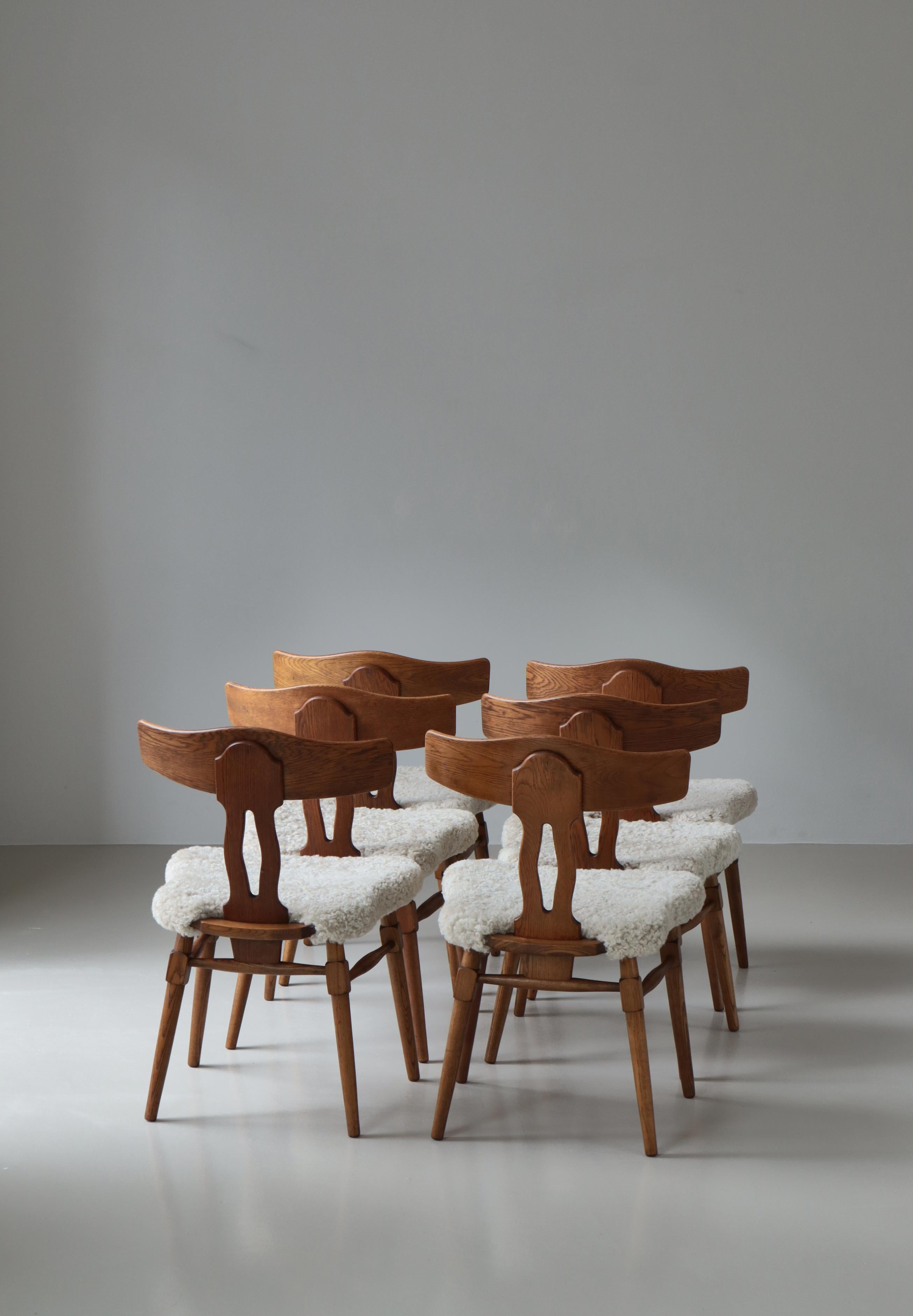 Set di 6 sedie da pranzo in Oak e pelle di pecora di Henry Kjærnulf, anni '40, Danimarca in vendita 5