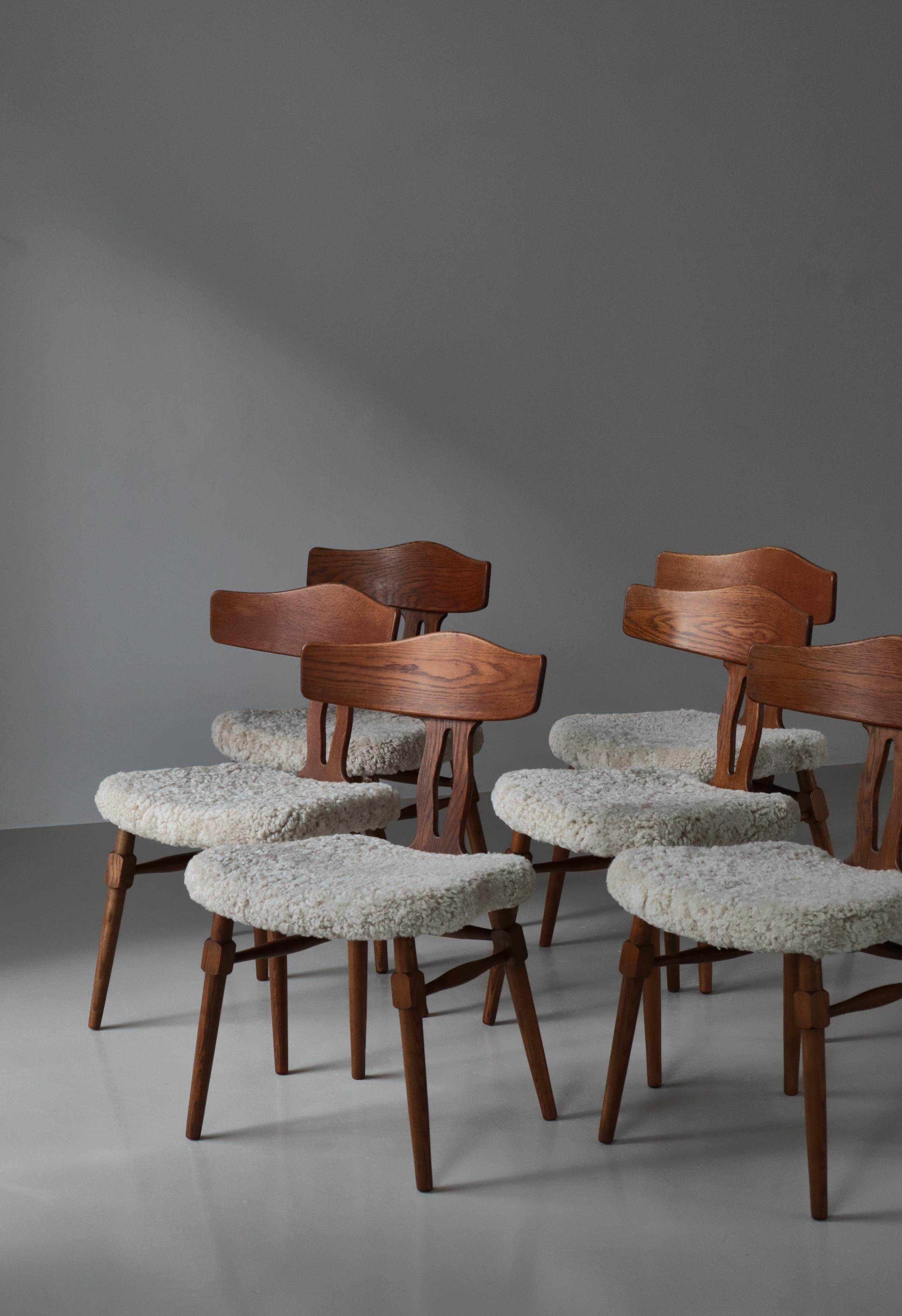 Set di 6 sedie da pranzo in Oak e pelle di pecora di Henry Kjærnulf, anni '40, Danimarca in vendita 10