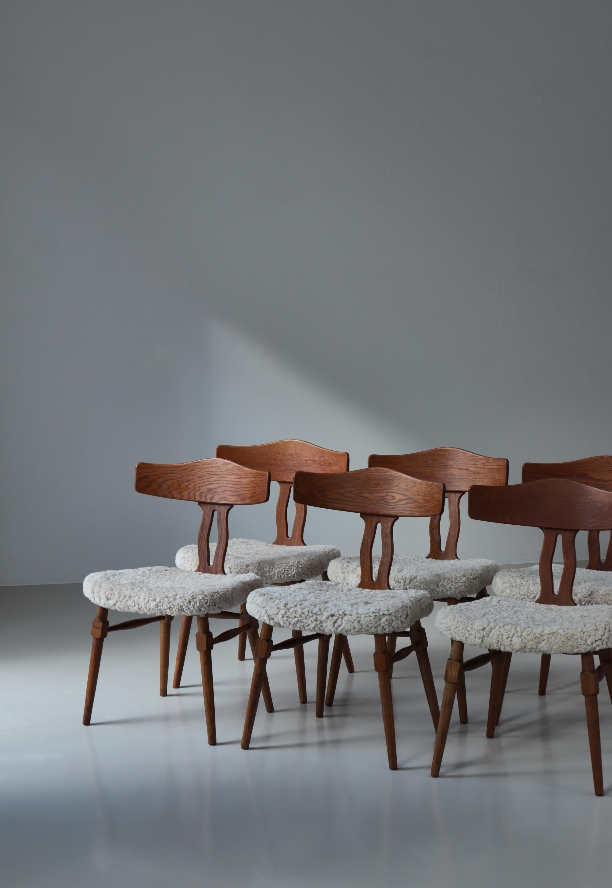 Set di 6 sedie da pranzo in Oak e pelle di pecora di Henry Kjærnulf, anni '40, Danimarca in vendita 12