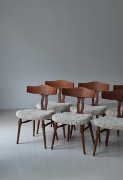 Oak & Sheepskin Set of 6 Dining Chairs by Henry Kjærnulf, 1940s, Denmark