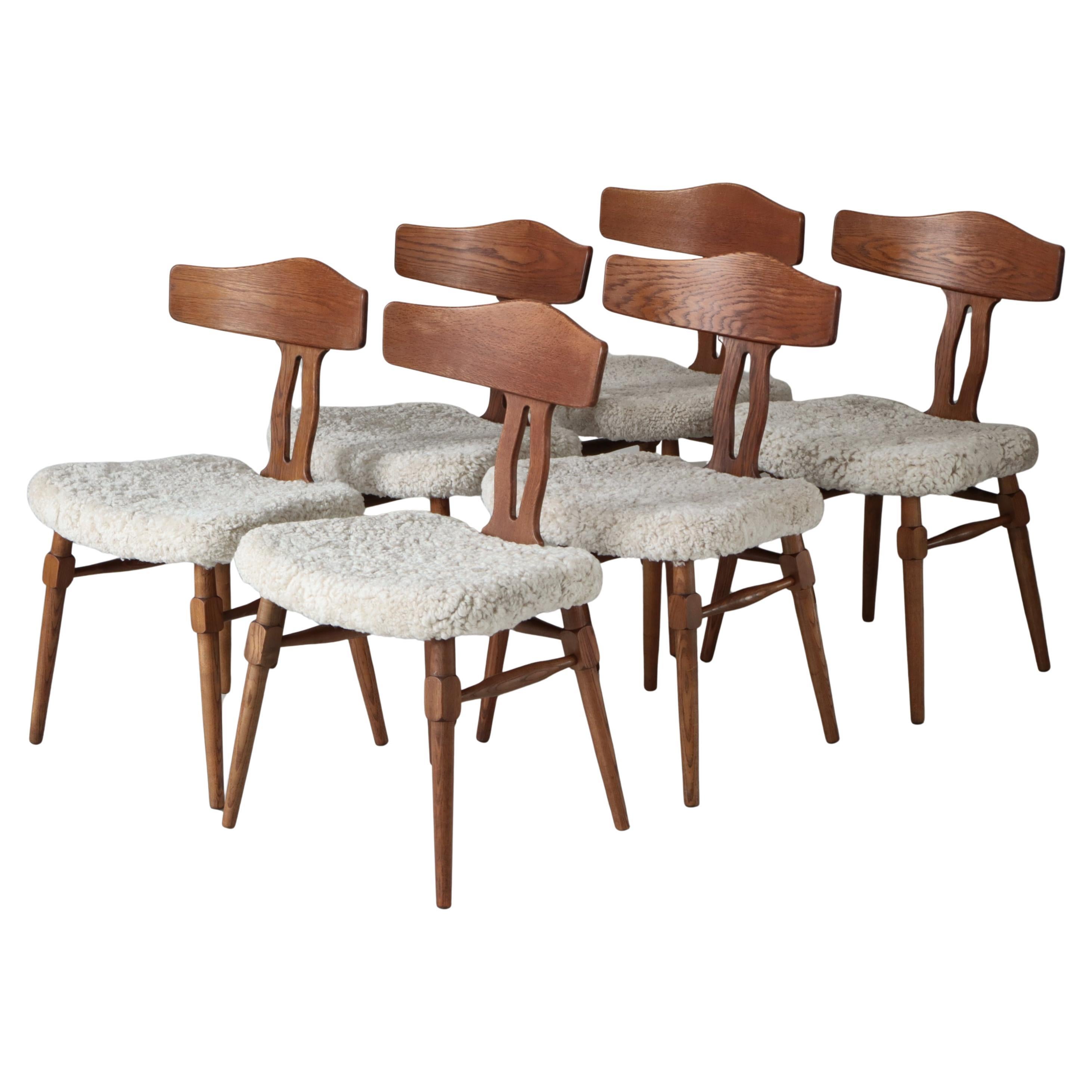 Set di 6 sedie da pranzo in Oak e pelle di pecora di Henry Kjærnulf, anni '40, Danimarca