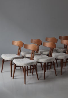 Oak & Sheepskin Set of 8 Dining Chairs by Henry Kjærnulf, 1940s, Denmark