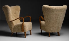 Oak & Sheepskin Wingback Chairs, Denmark Circa 1950