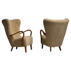 Vintage Oak & Sheepskin Wingback Chairs, Denmark Circa 1950