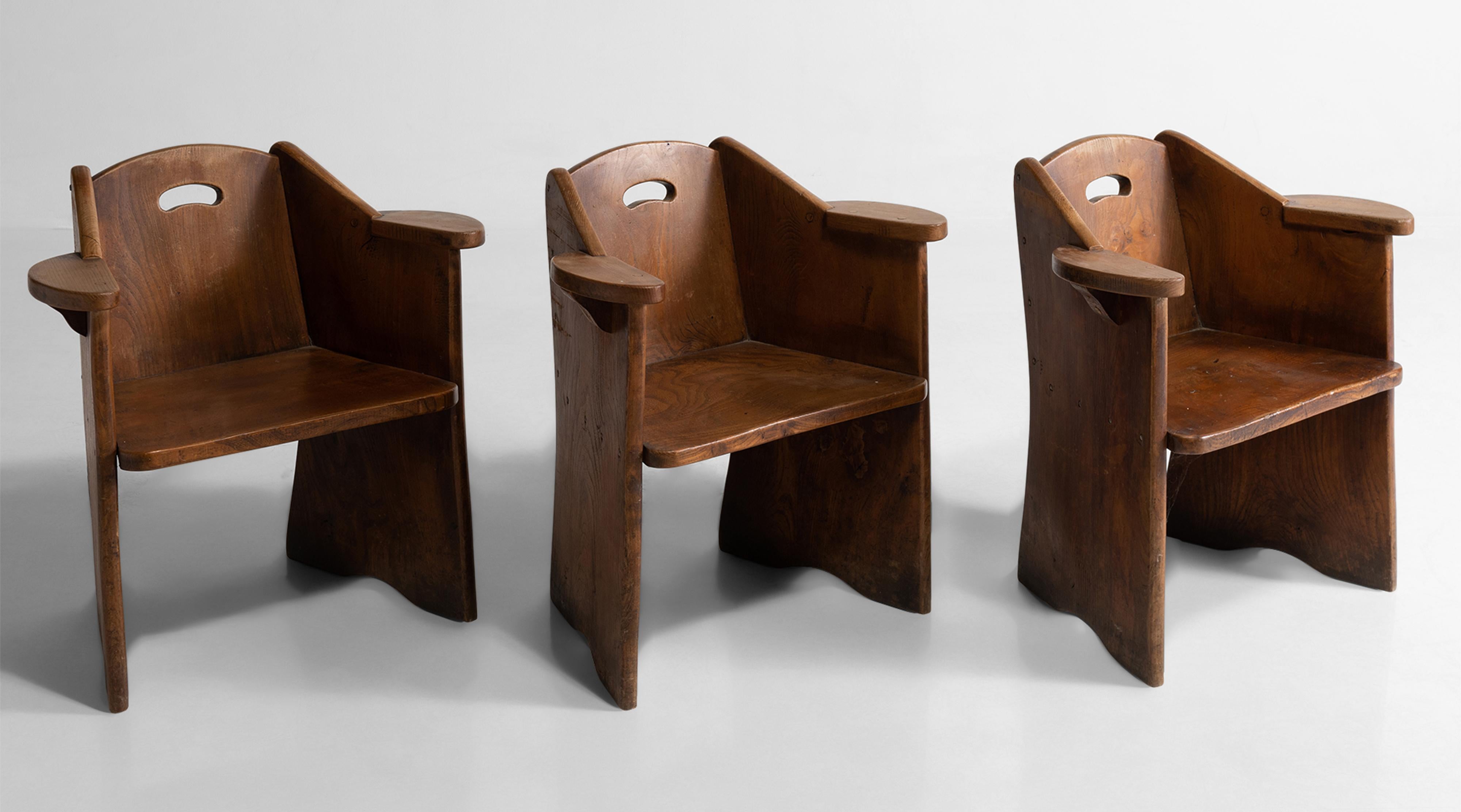 Oak ships chairs, England circa 1880.

Unique form constructed with slabs of oak.

Measures: 26.5” width x 18” depth x 28” height x 15” seat.