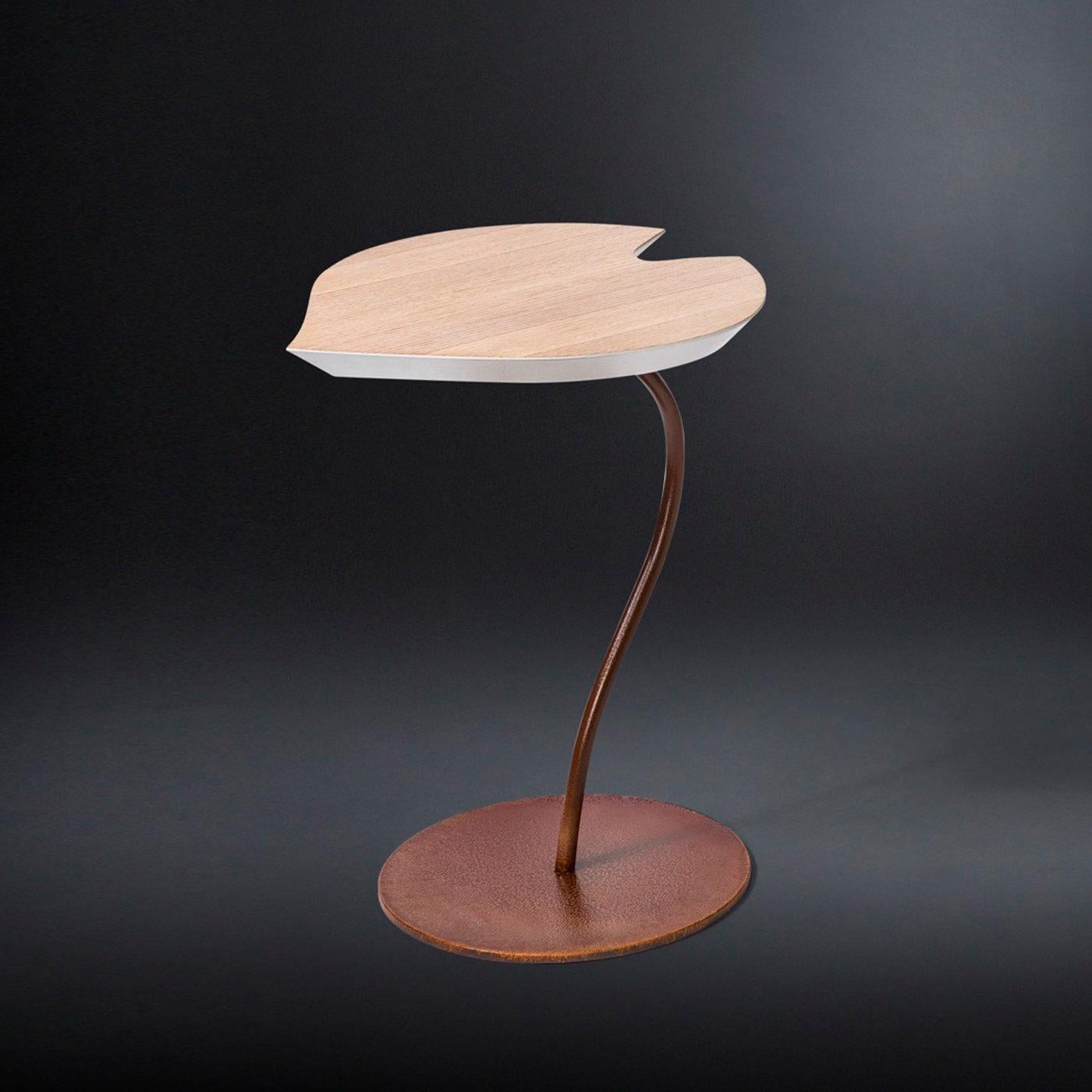 Poetically interpreting the simple elegance of nature, this side table is a delicate addition to both modern and classic interiors. Its top is shaped like a leaf and crafted of MDF with a white oak finish. The support is a curved iron rod stemming