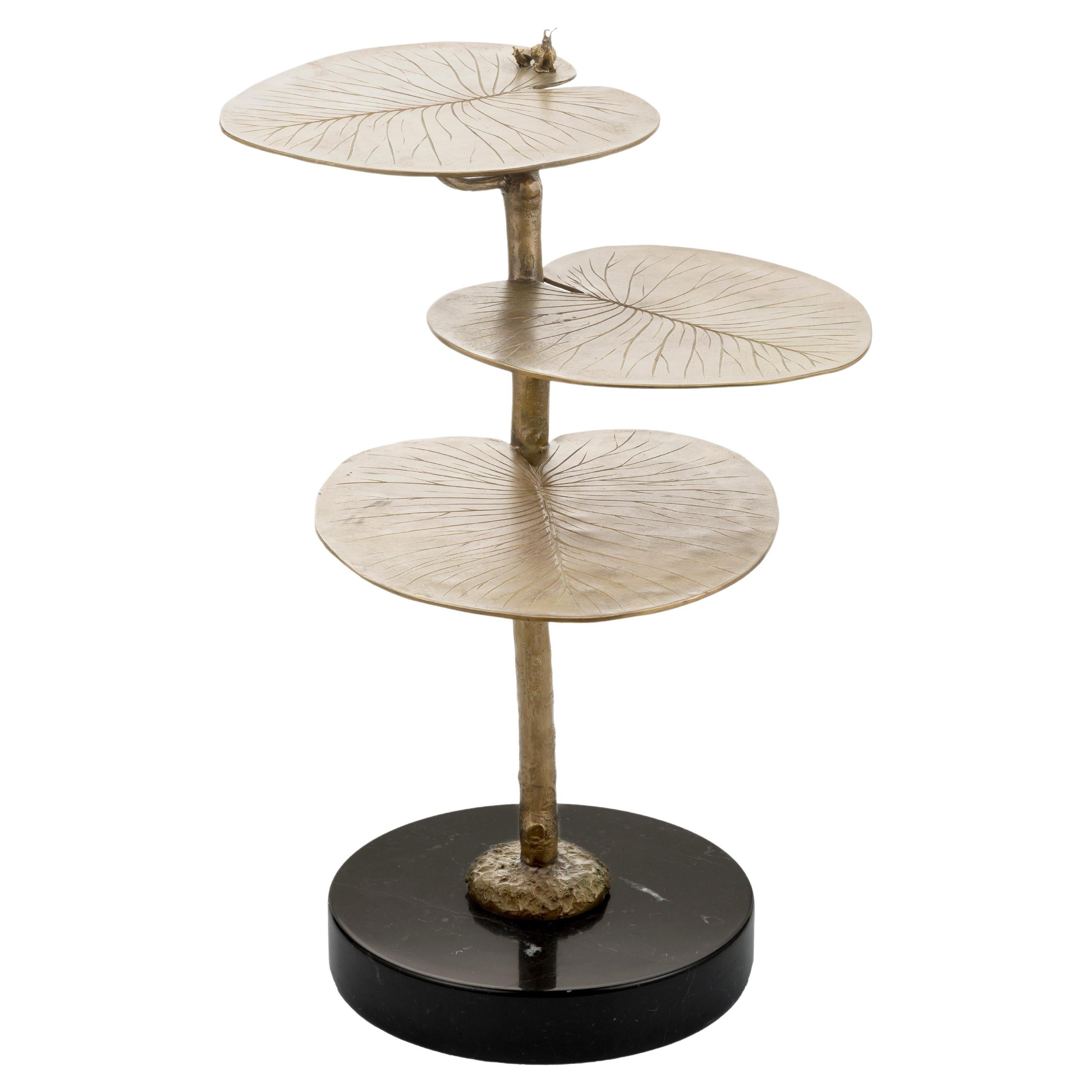 Oak Side Table with Casting Brass Structure and Marble Base For Sale