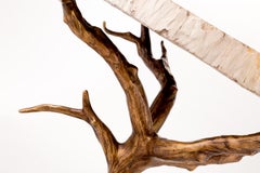 Oak Side Table with Casting Brass Structure and Petrified Wood Table Top