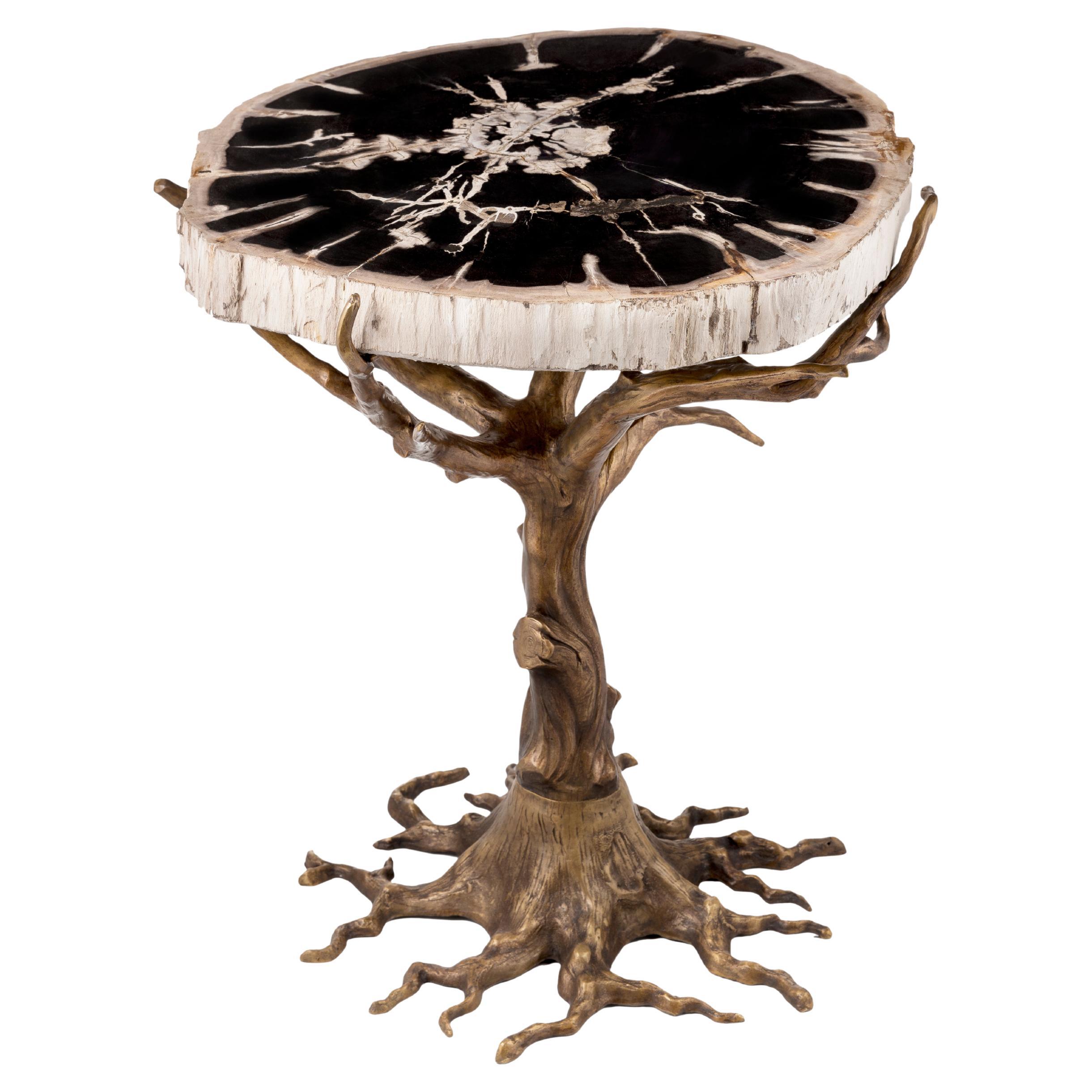 Oak Side Table with Casting Brass Structure and Petrified Wood Table Top For Sale