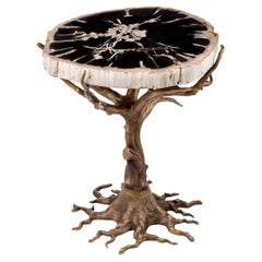 Oak Side Table with Casting Brass Structure and Petrified Wood Table Top
