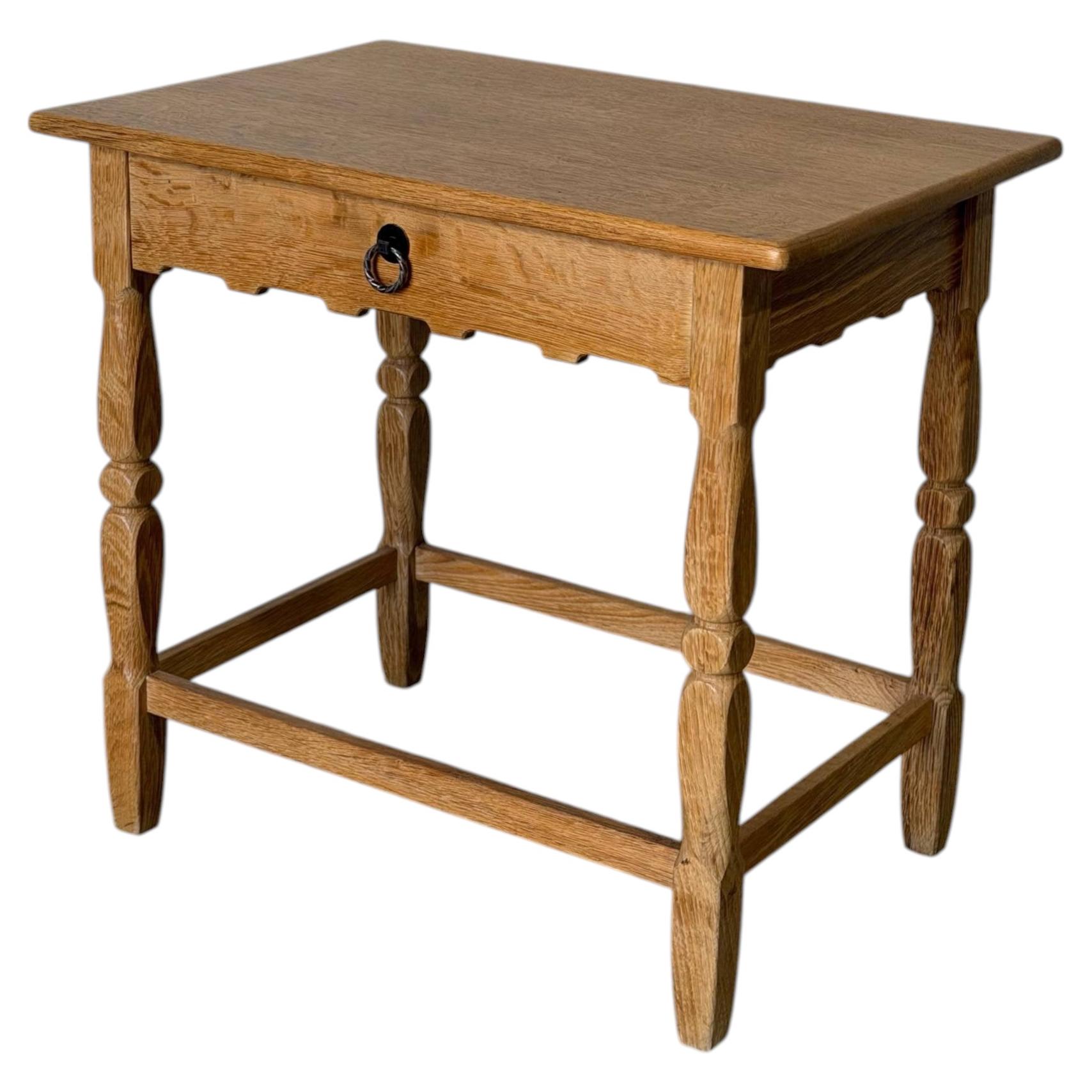 Oak Side Table with Single Drawer Turned Legs Accent Vintage 1970s