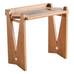 Oak Side Table with Tile Top Attributed to Guillerme et Chambron, France 1960s