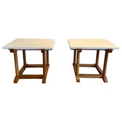 Oak Side Tables with Thick Limestone Top, Pair