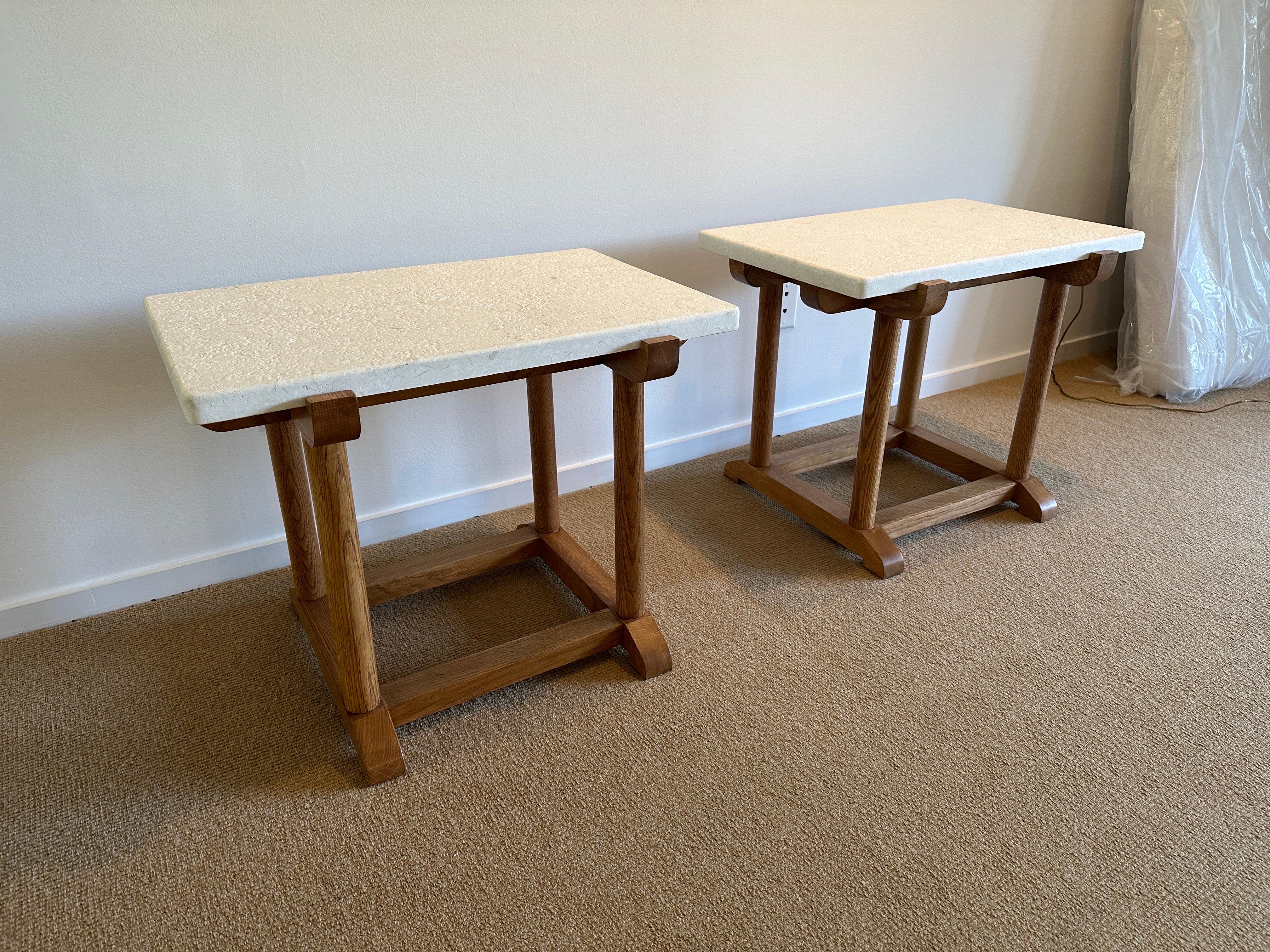 Scandinavian Modern Oak Side Tables with Thick Limestone Top 'Two Available' For Sale