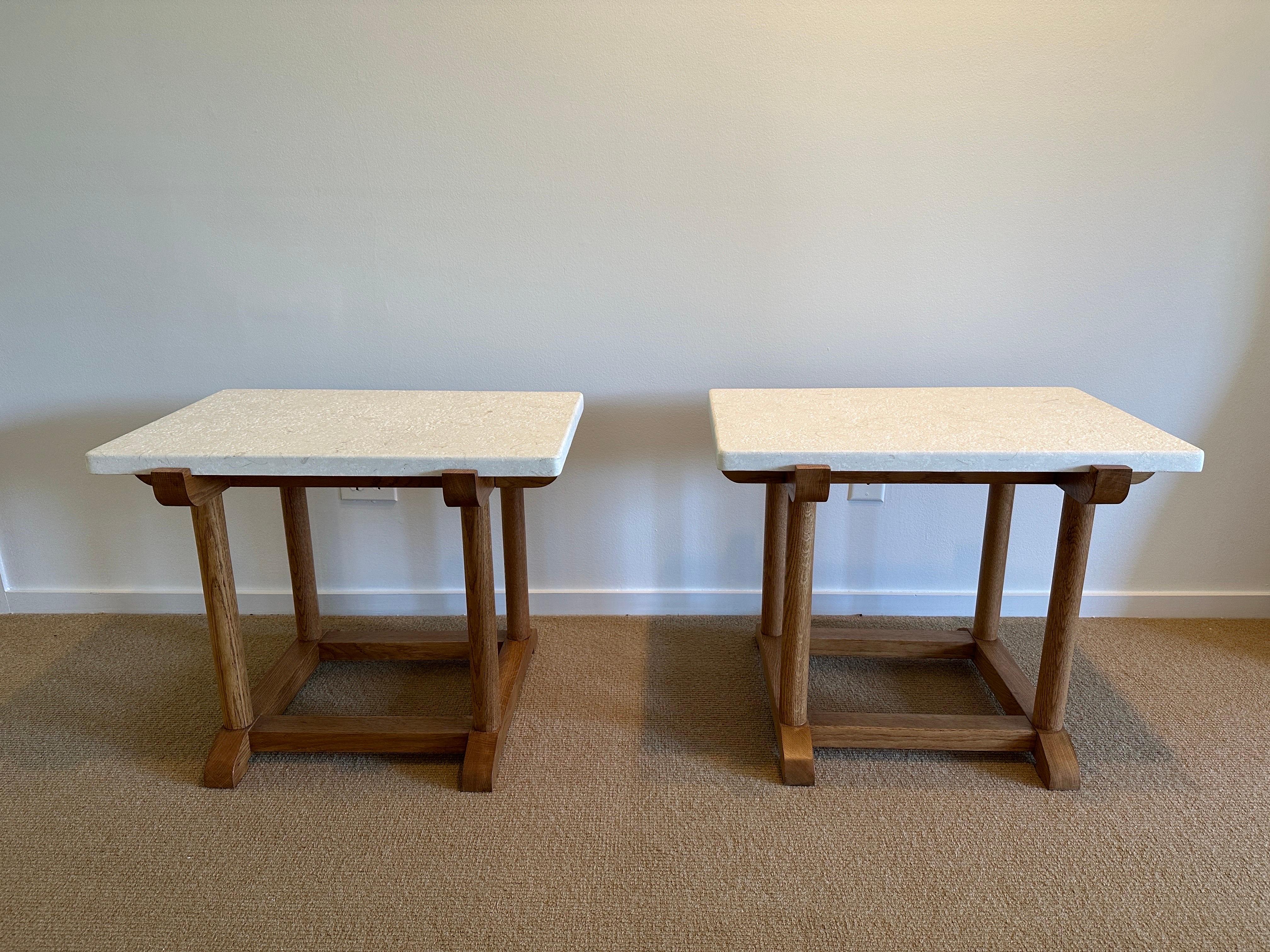 20th Century Oak Side Tables with Thick Limestone Top 'Two Available' For Sale