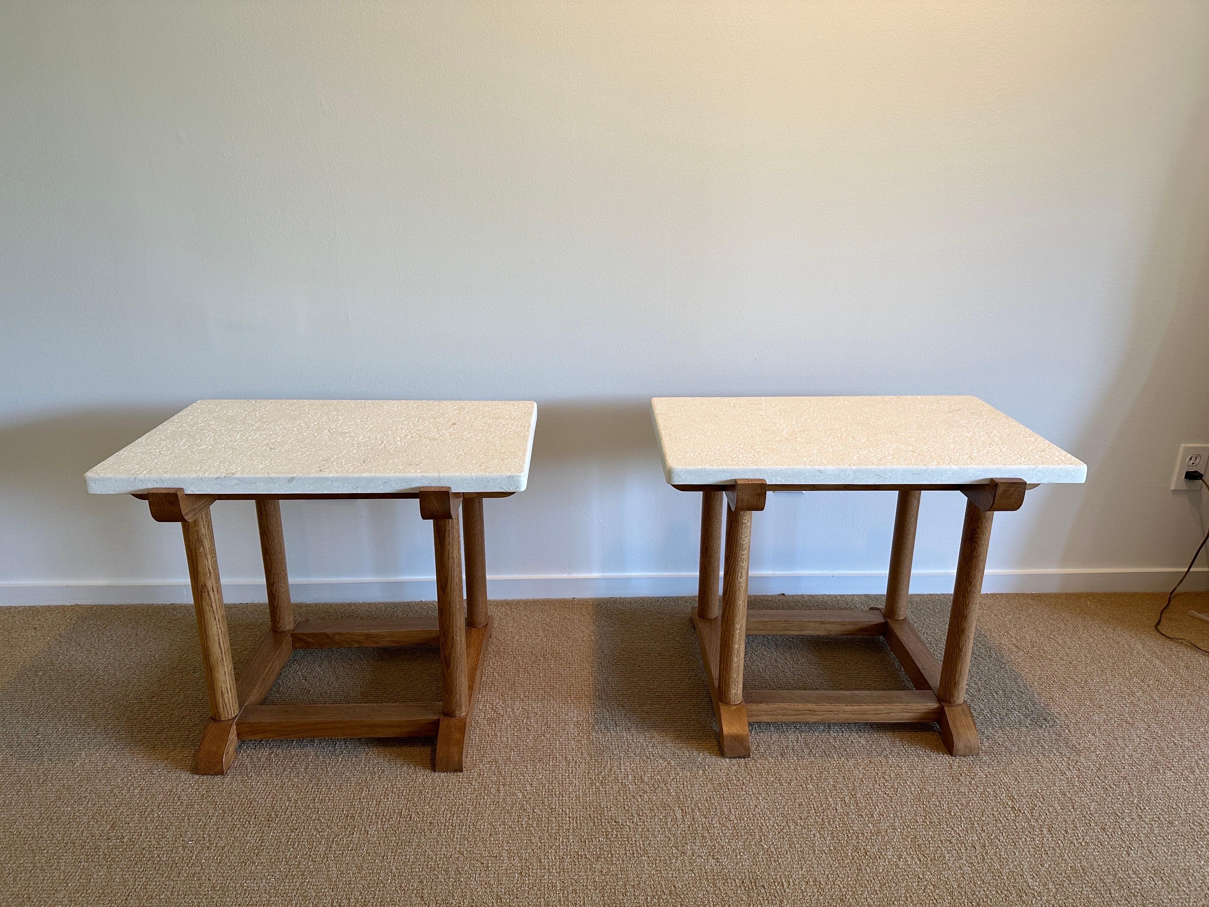 Oak Side Tables with Thick Limestone Top 'Two Available' For Sale 1