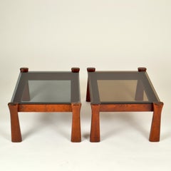 1970s Italian Mid-Century Modern Oak Side Tables with Glass Tops