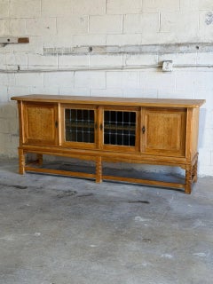 Oak Sideboard Cabinet Leaded Glass Doors Henning Kjaernulf Denmark 1960s