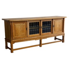 Oak Sideboard Cabinet Leaded Glass Doors Henning Kjaernulf Denmark 1960s