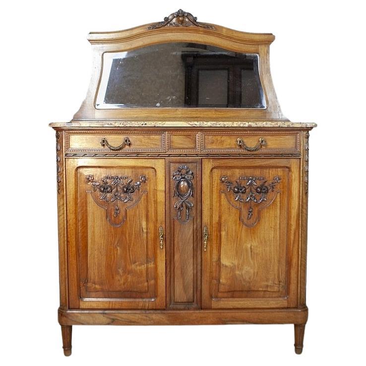 Oak Sideboard From the Interwar Period with Marble Top and Mirror