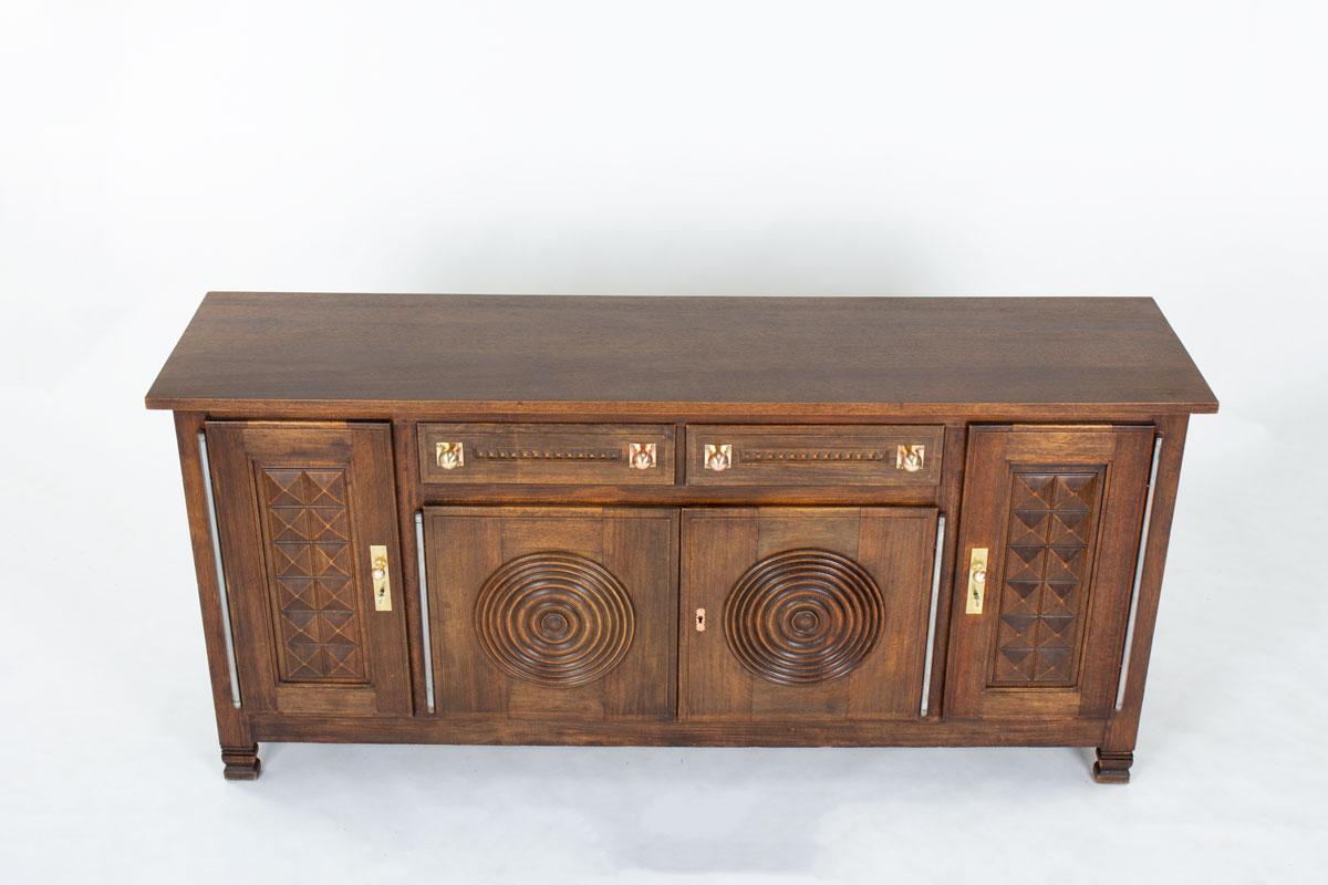 Cuivre Buffet en Oak avec poignées en cuivre par Etienne Kohlmann, France, années 1950 en vente