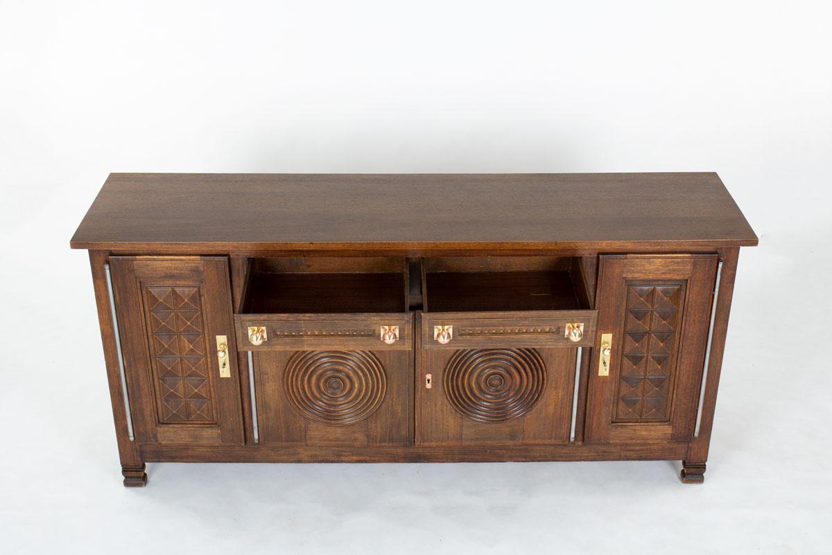 Buffet en Oak avec poignées en cuivre par Etienne Kohlmann, France, années 1950 en vente 1
