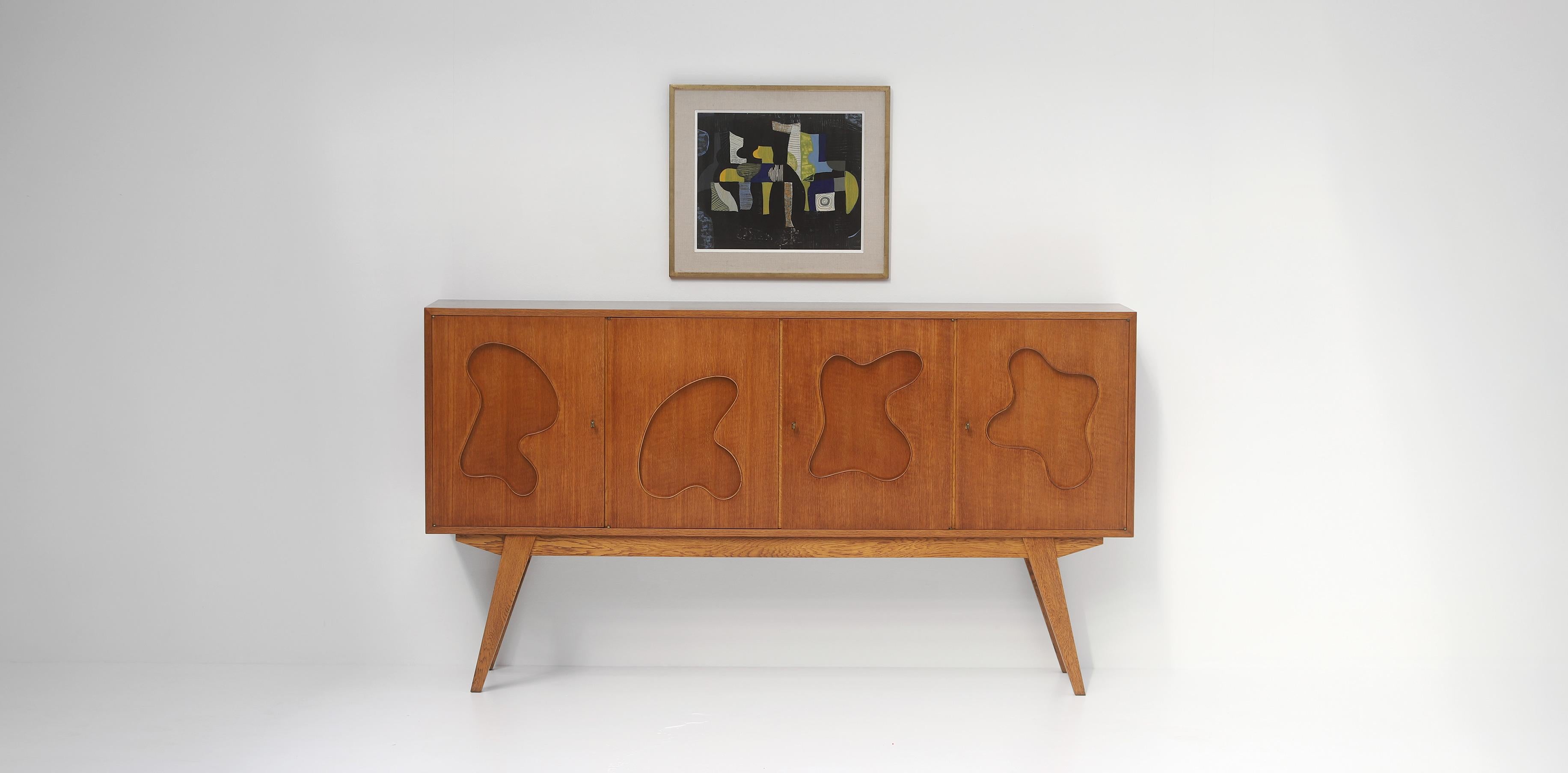 European Oak Sideboard with Free Form Shaped Doors, 1950s