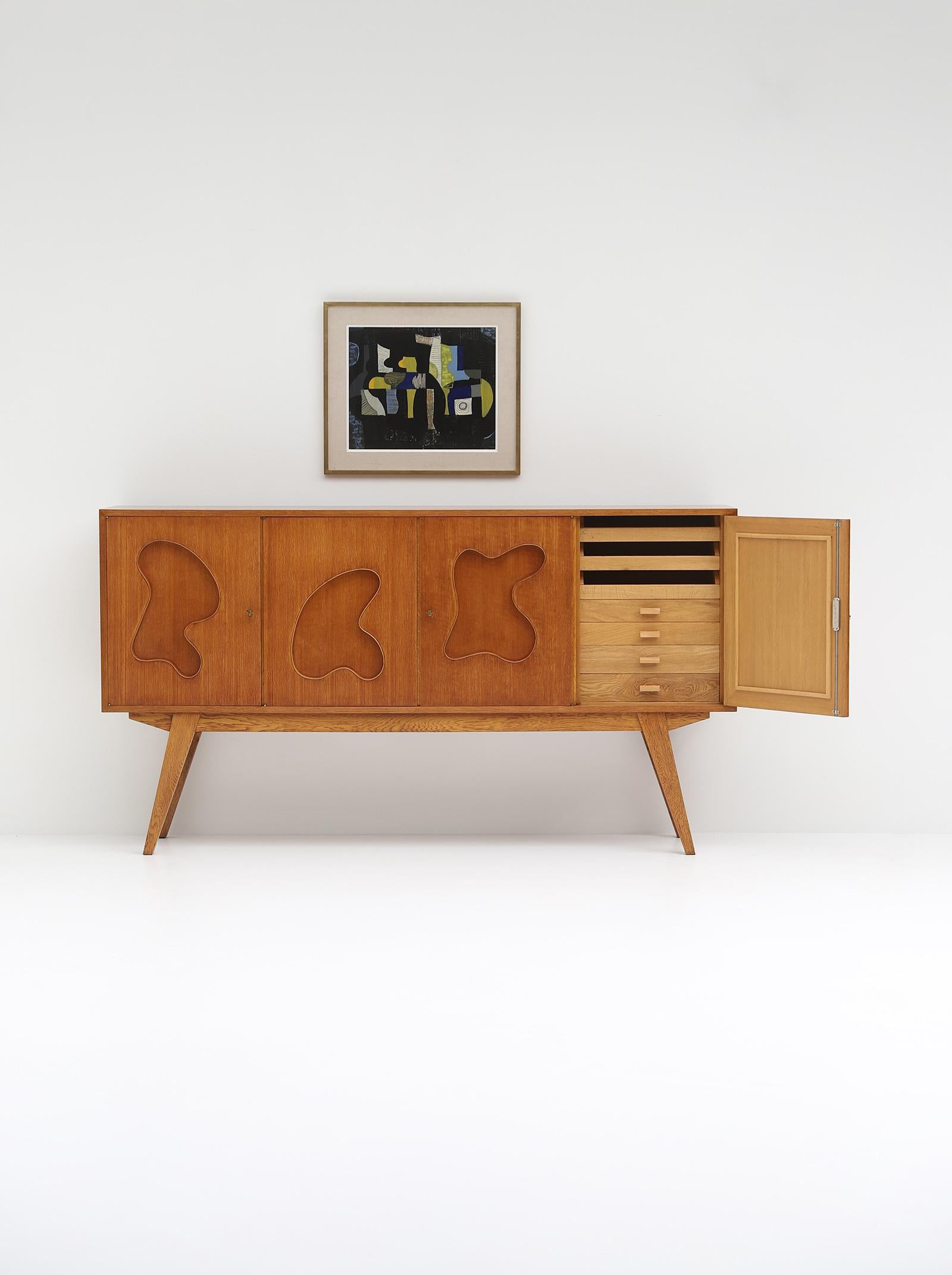 Mid-20th Century Oak Sideboard with Free Form Shaped Doors, 1950s