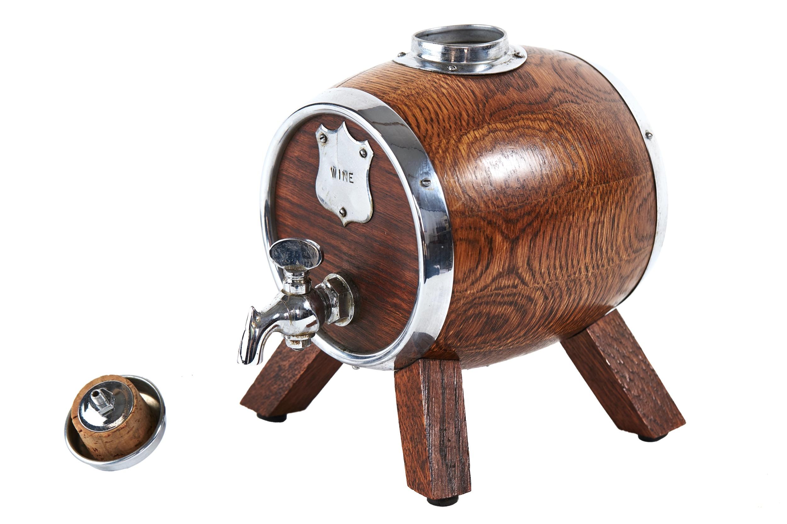 Polished Oak &  Silver Plated Barrel Shaped Decanter with cup For Sale
