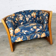 Oak Slatted Back Upholstered Barrel Lounge Chair, 1970s