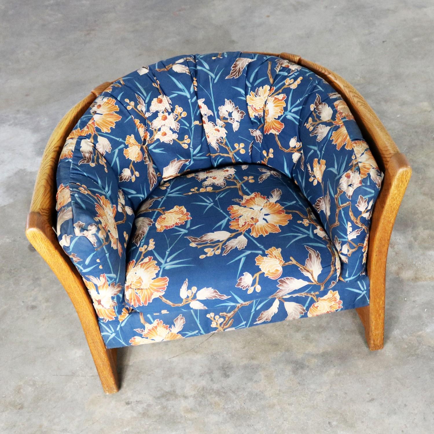 Modern Oak Slatted Back Upholstered Barrel Lounge Chair, 1970s