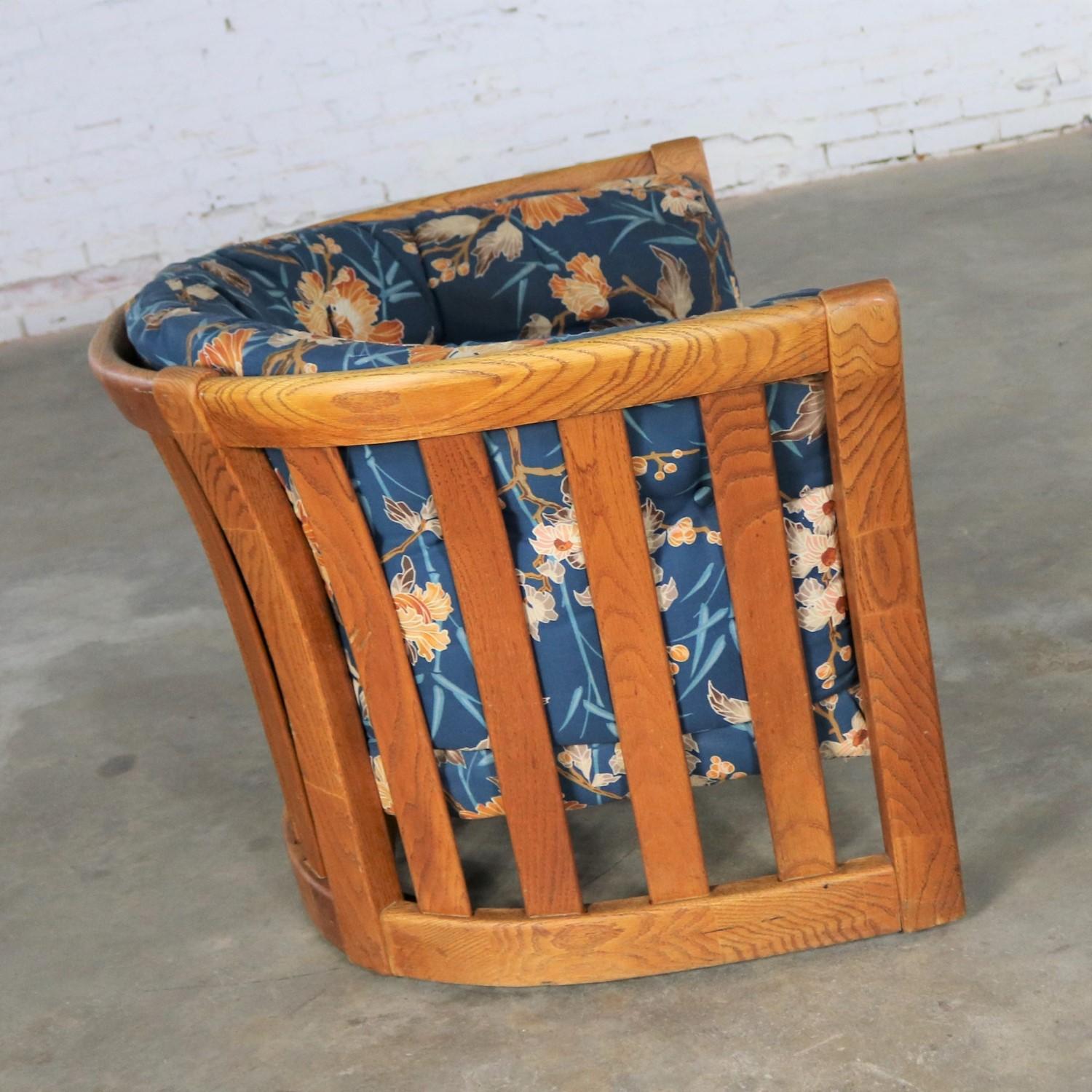 20th Century Oak Slatted Back Upholstered Barrel Lounge Chair, 1970s