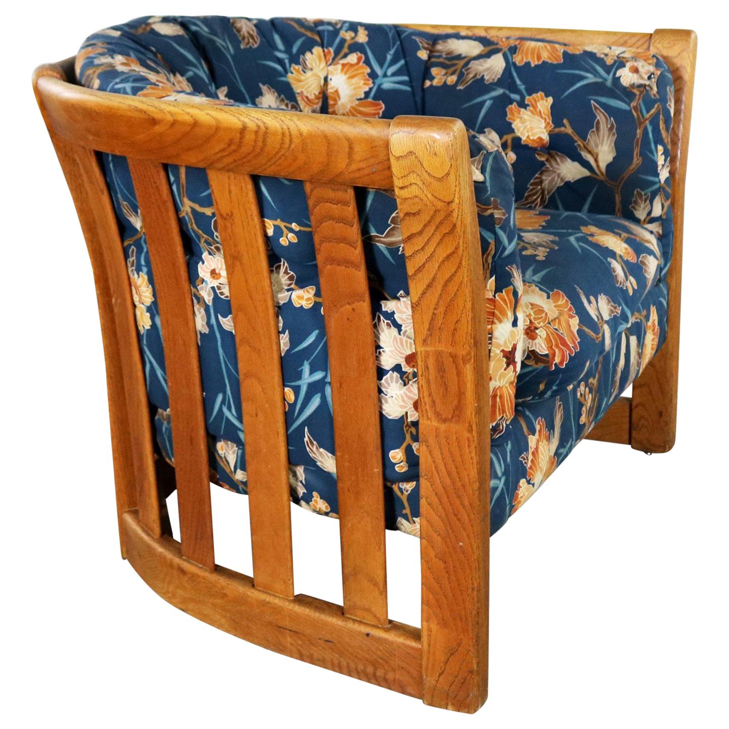 Oak Slatted Back Upholstered Barrel Lounge Chair, 1970s