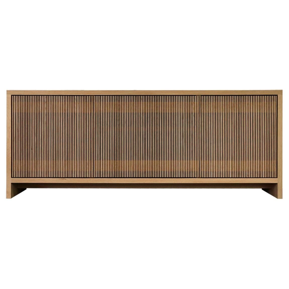 Oak Slatted Credenza - Custom, with Drawers on Left and Right, Shelf in Center