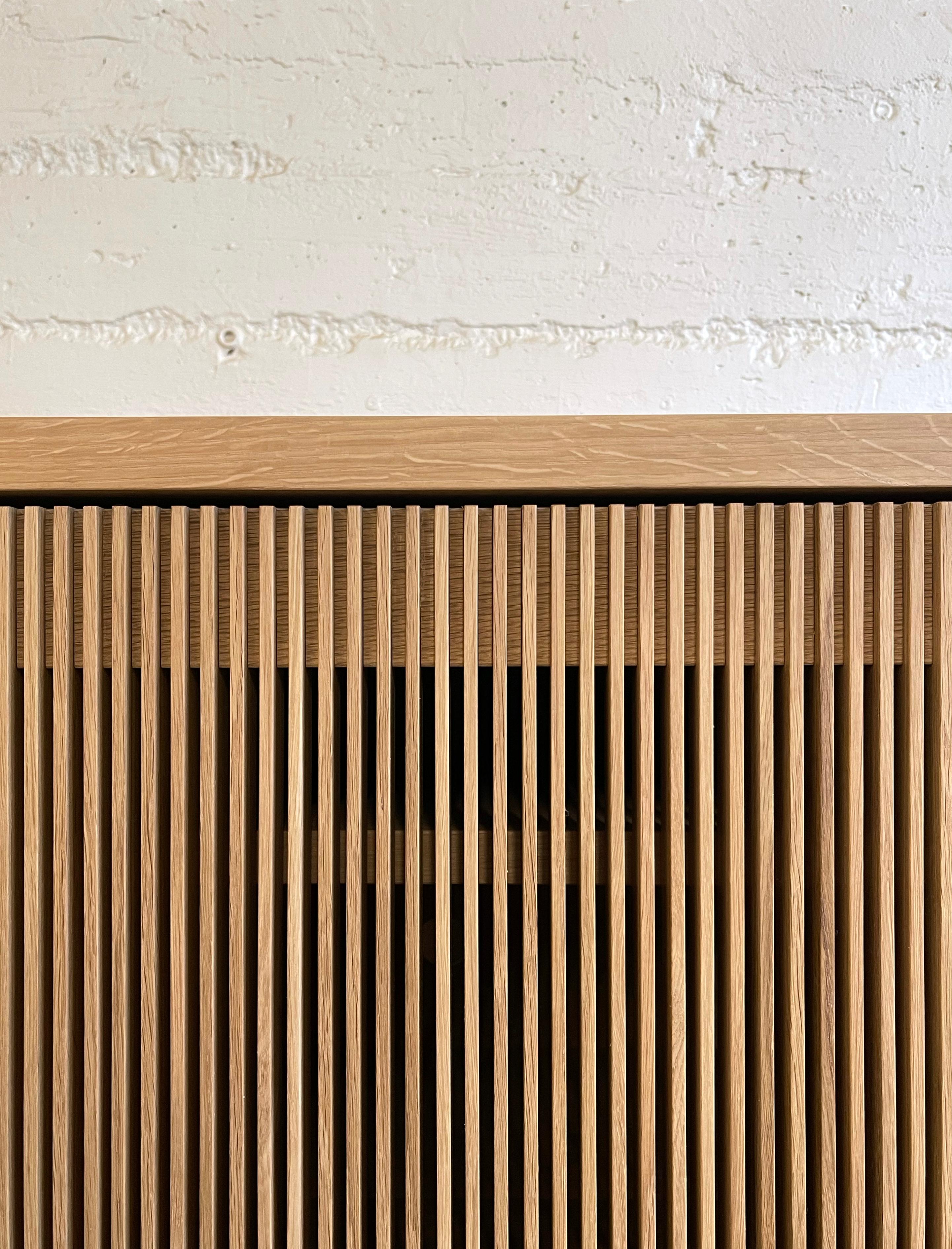Minimalist Oak Slatted Credenza / Sideboard With Record Player Hatch For Sale