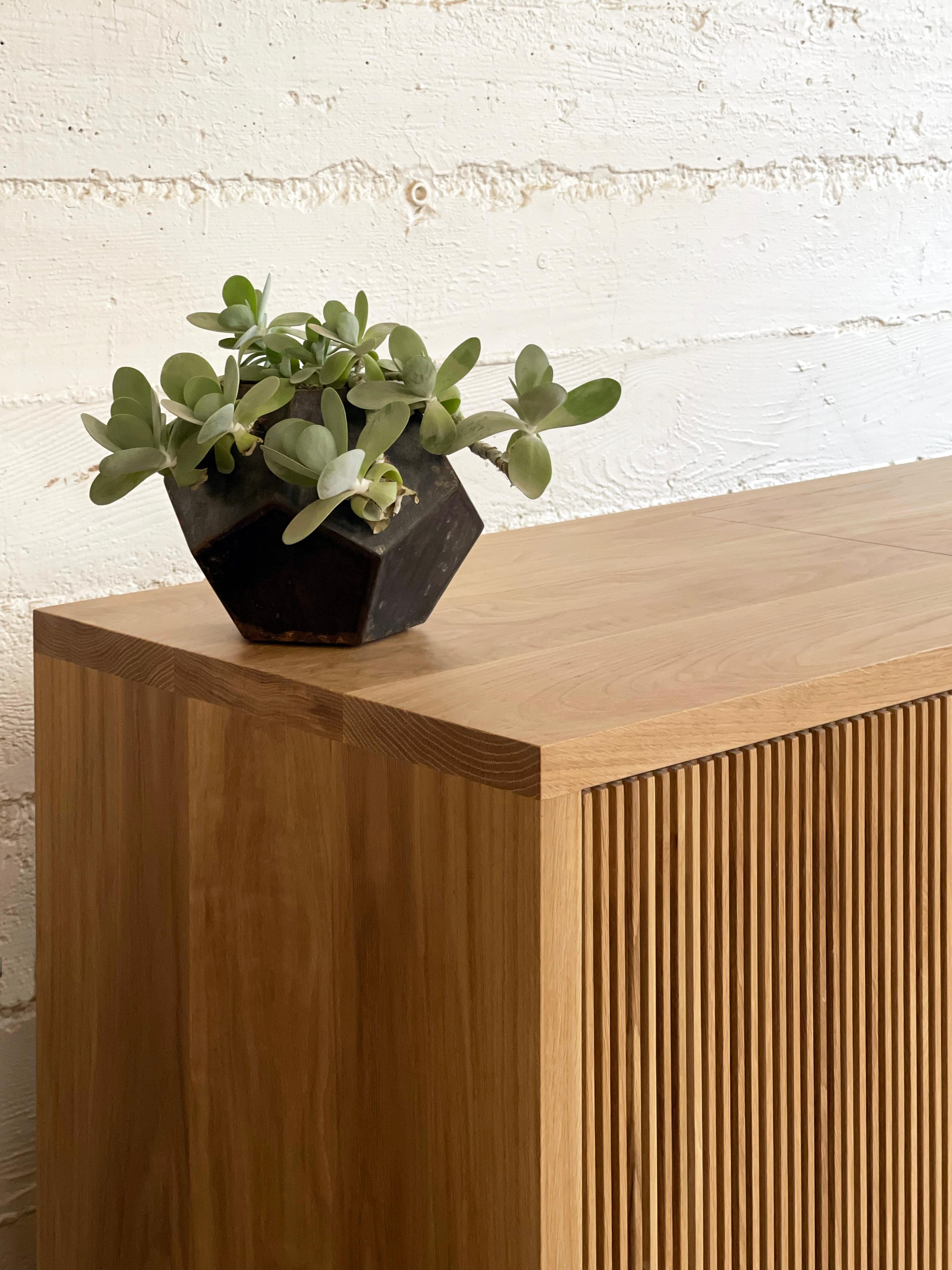 American Oak Slatted Credenza / Sideboard With Record Player Hatch For Sale
