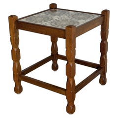 Oak Small Table Patterned Ceramic Tile Top Danish Vintage Accent Table 1970s