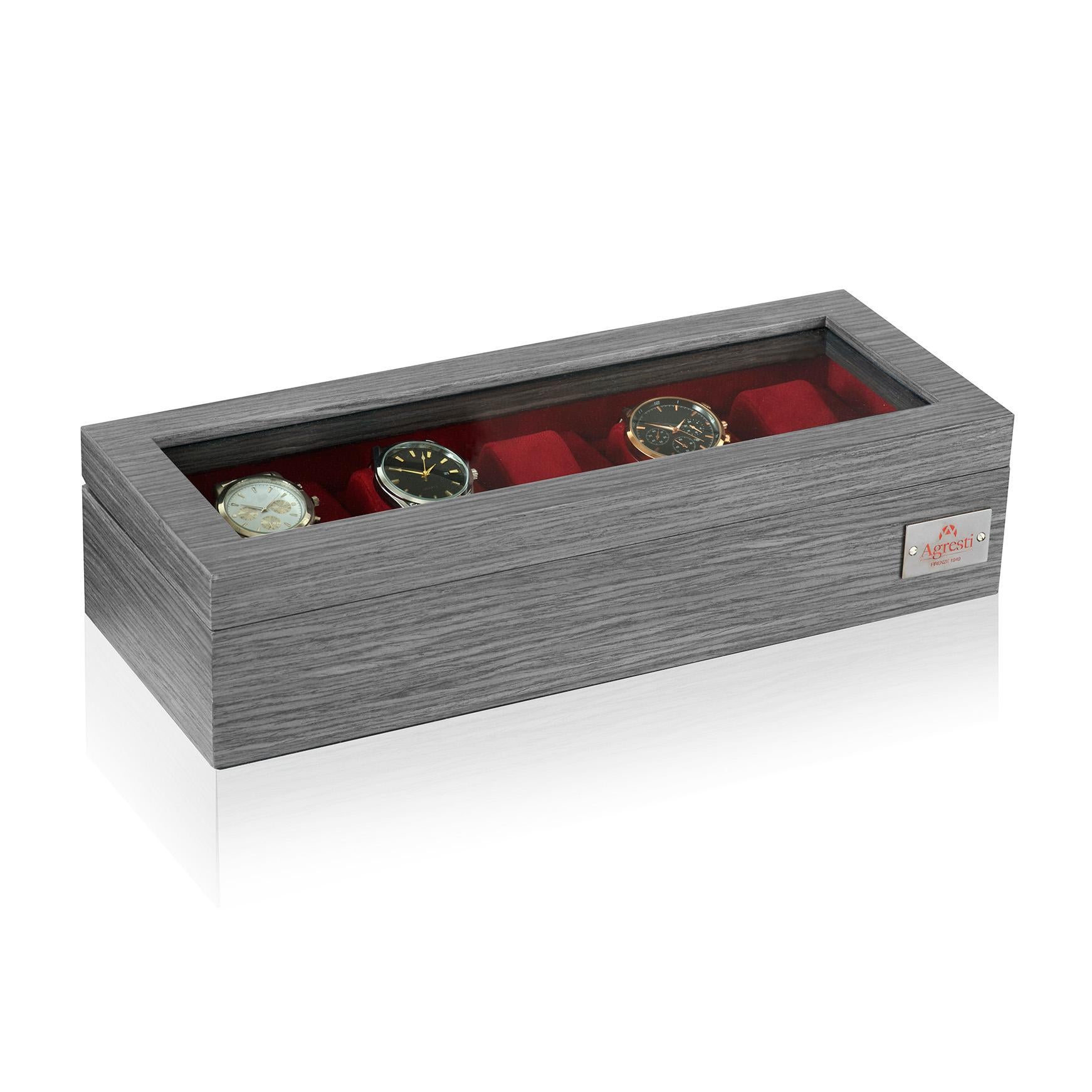 Rauchgraue Schachtel für fünf Uhren aus Eiche mit rotem Ultrasuede-Detail von Agresti im Angebot 1