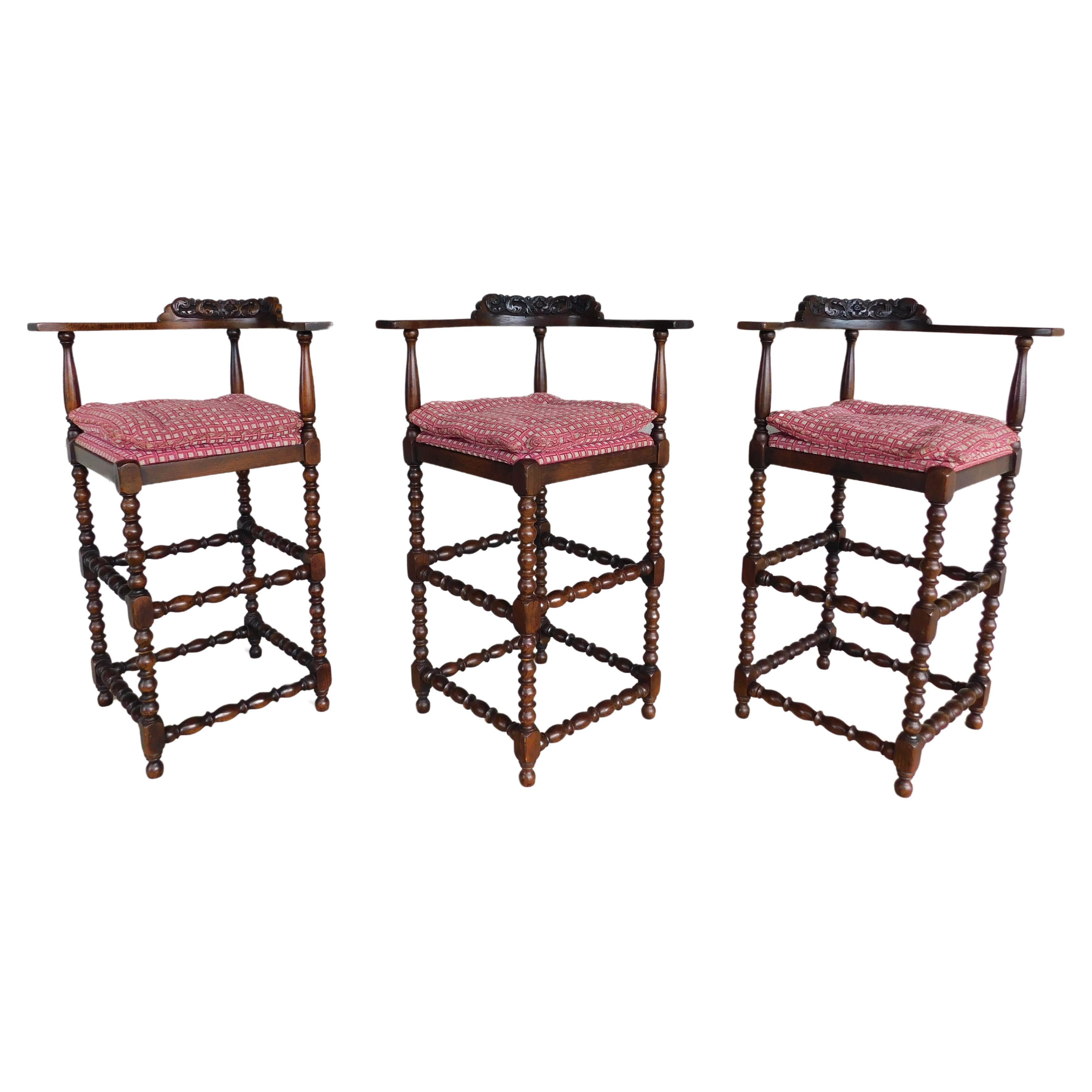 Oak Spanish Revival Style Stools - Set of 3 For Sale