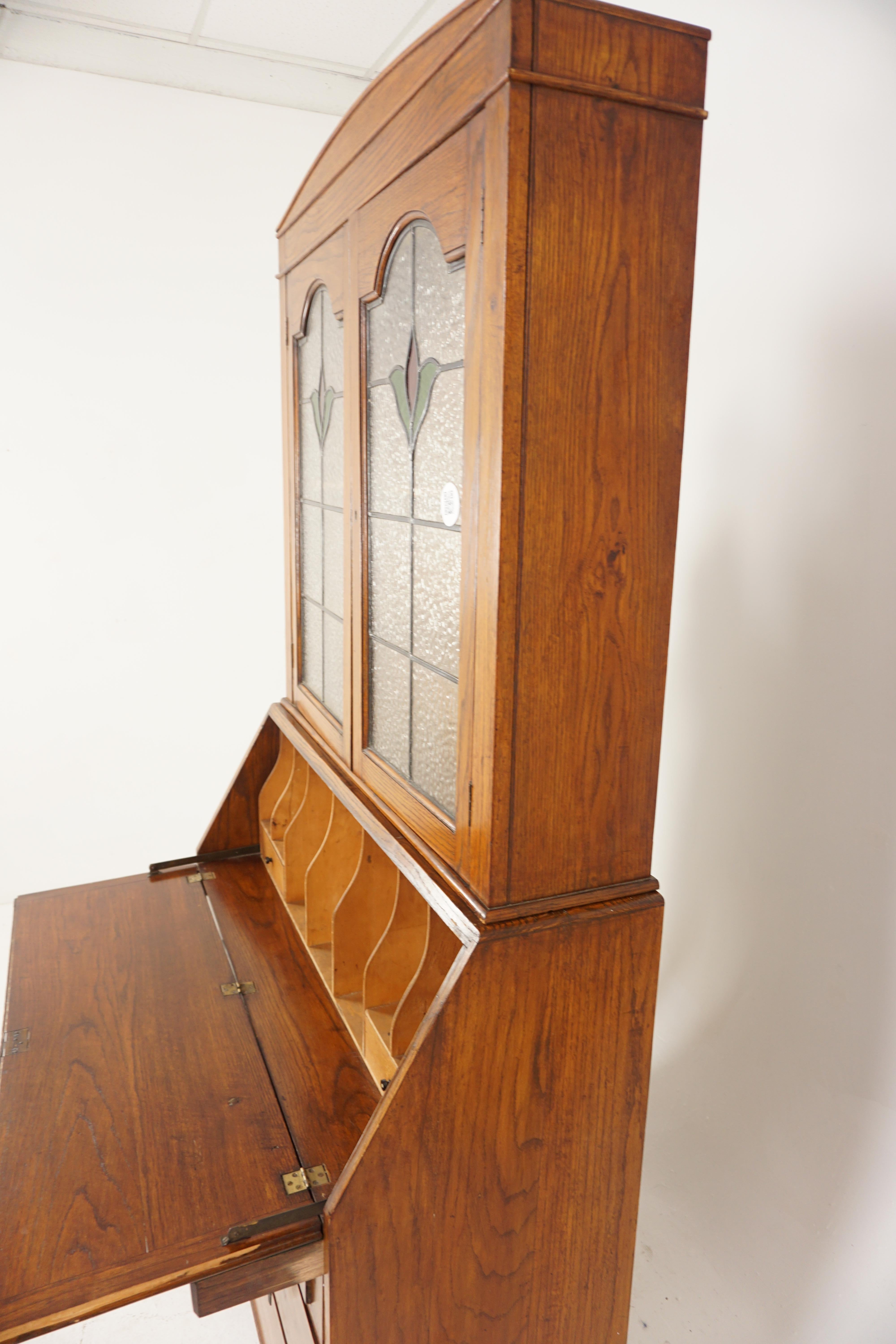 Oak Stained Glass Window Slant Front Desk with Bookcase Top, Scotland 1920, H800 For Sale 3
