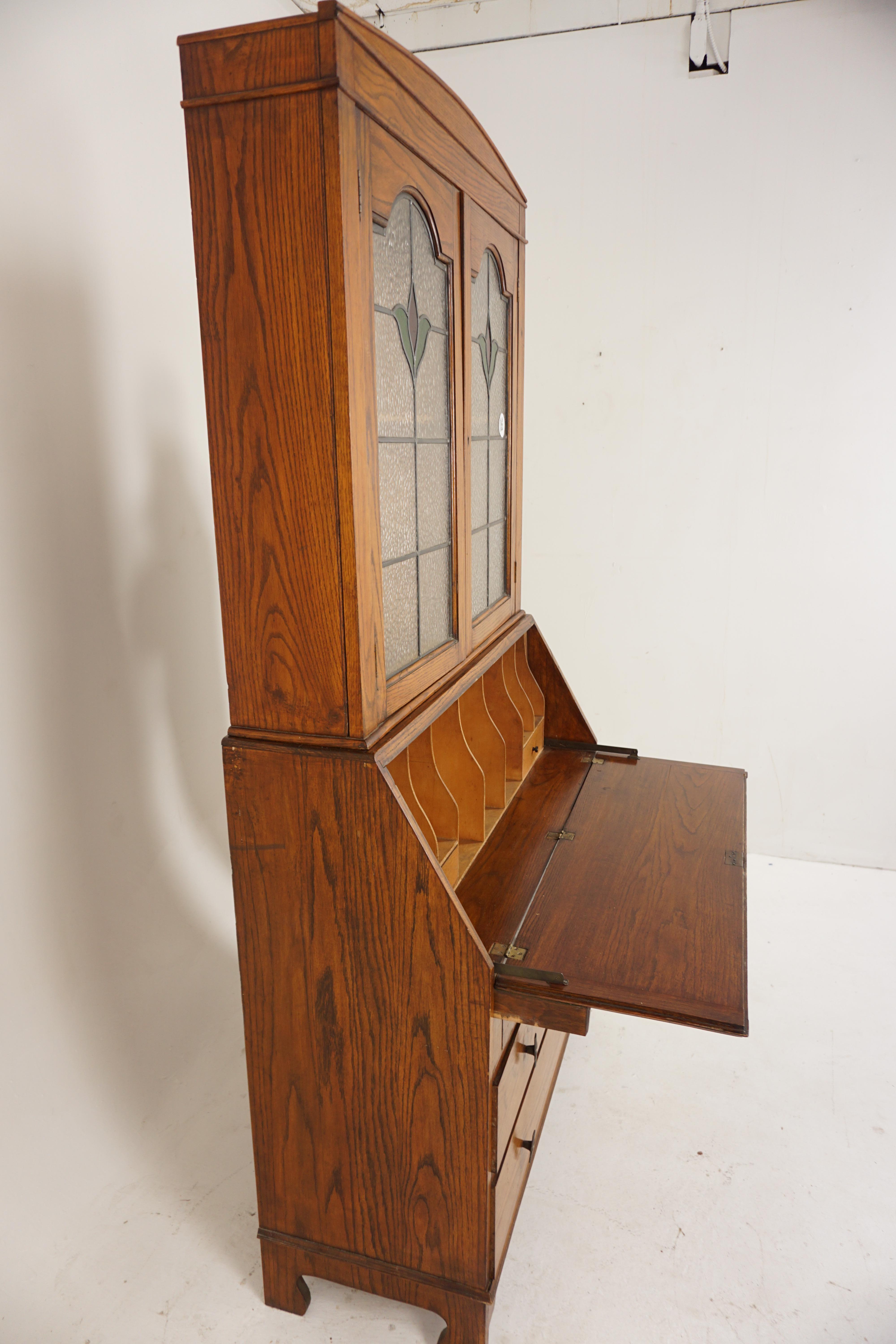 Oak Stained Glass Window Slant Front Desk with Bookcase Top, Scotland 1920, H800 For Sale 2